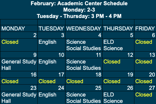 February Academic Center Schedule 