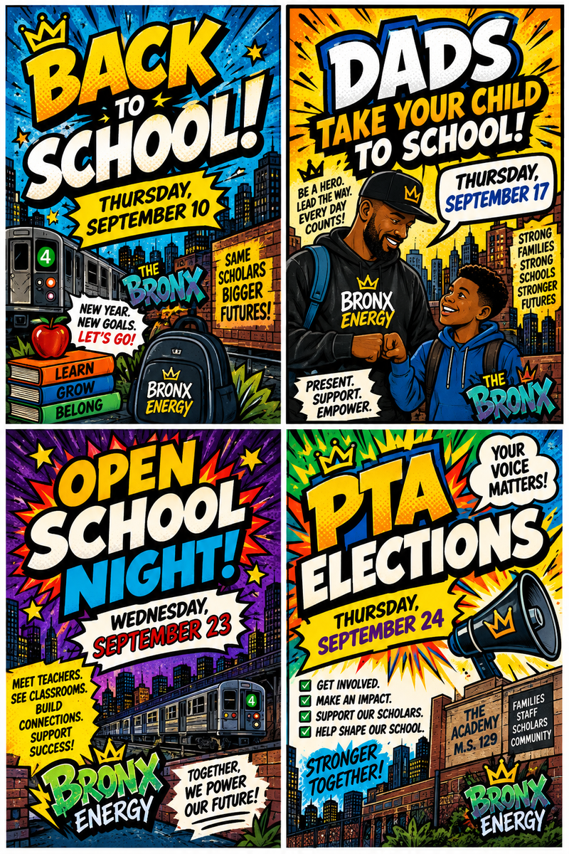 story board with cartoon images of four school events occurring in September