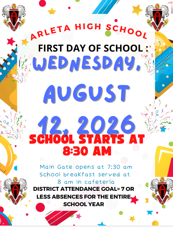 First Day of School 2026-27 School Year. Classes will start Wednesday August 12th, 2026 at 8:30am!