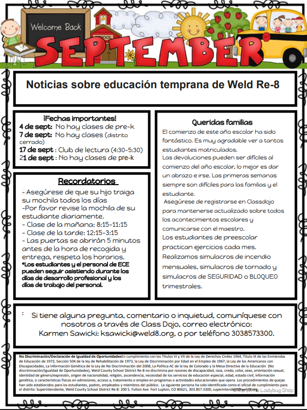 Preschool Newsletter in spanish detailing information in the post