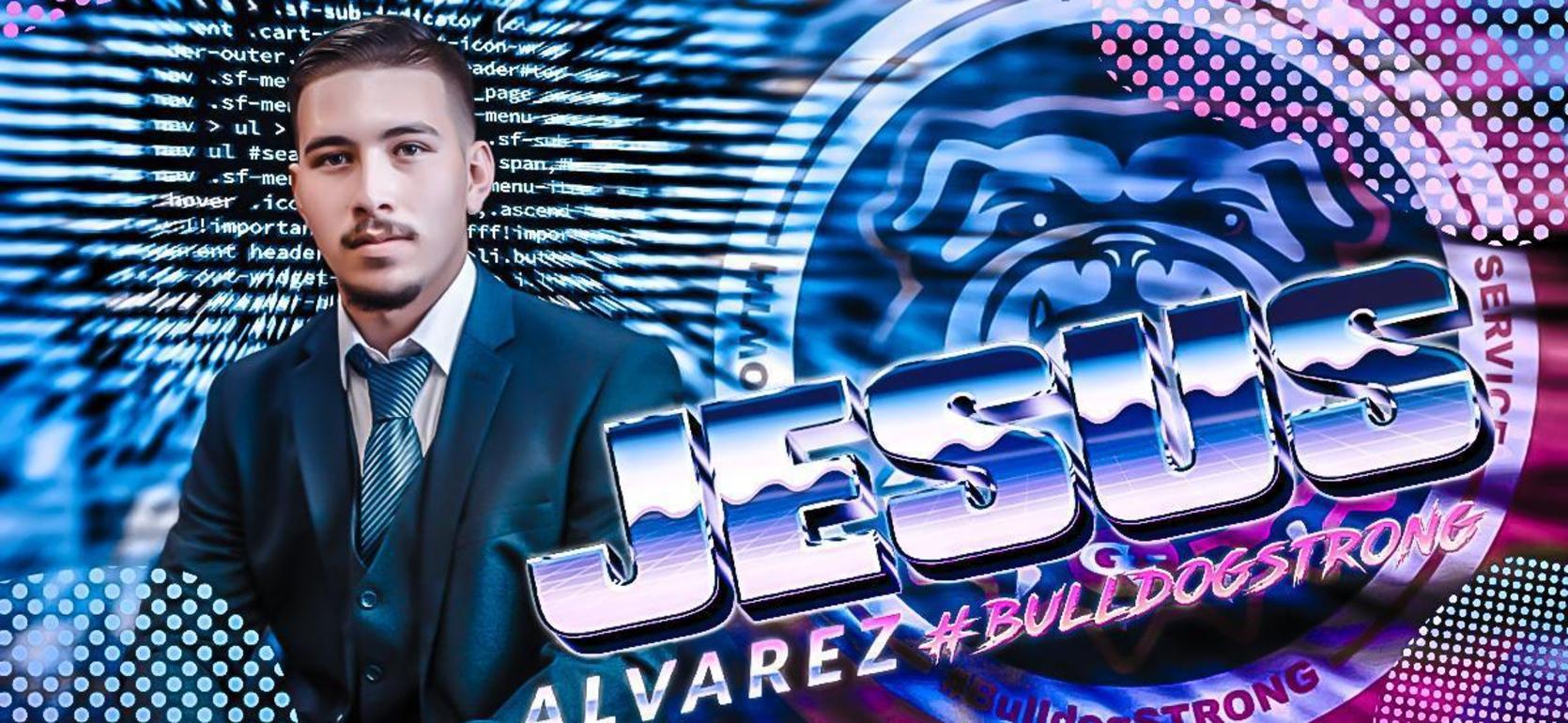 A man in a suit with a vibrant background featuring text and graphics, including a bulldog logo.