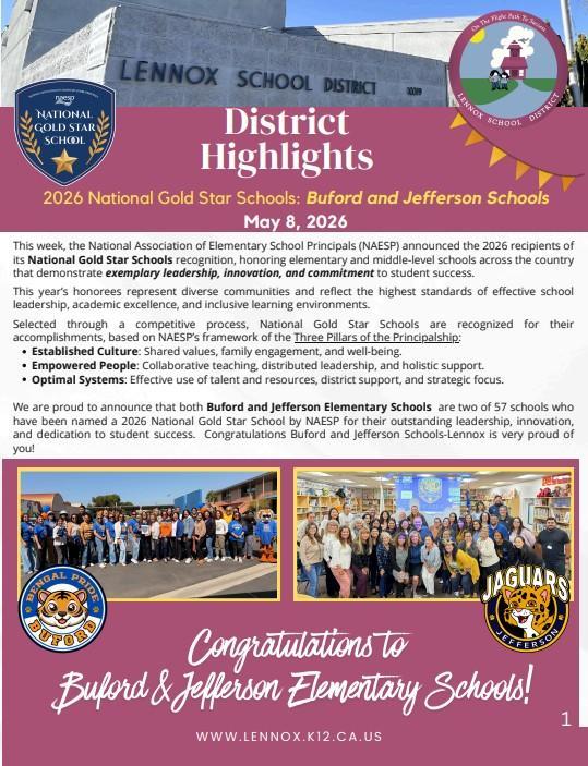 District Highlights for 2026 National Gold Star Schools Award for Jefferson and Buford Elementary Schools