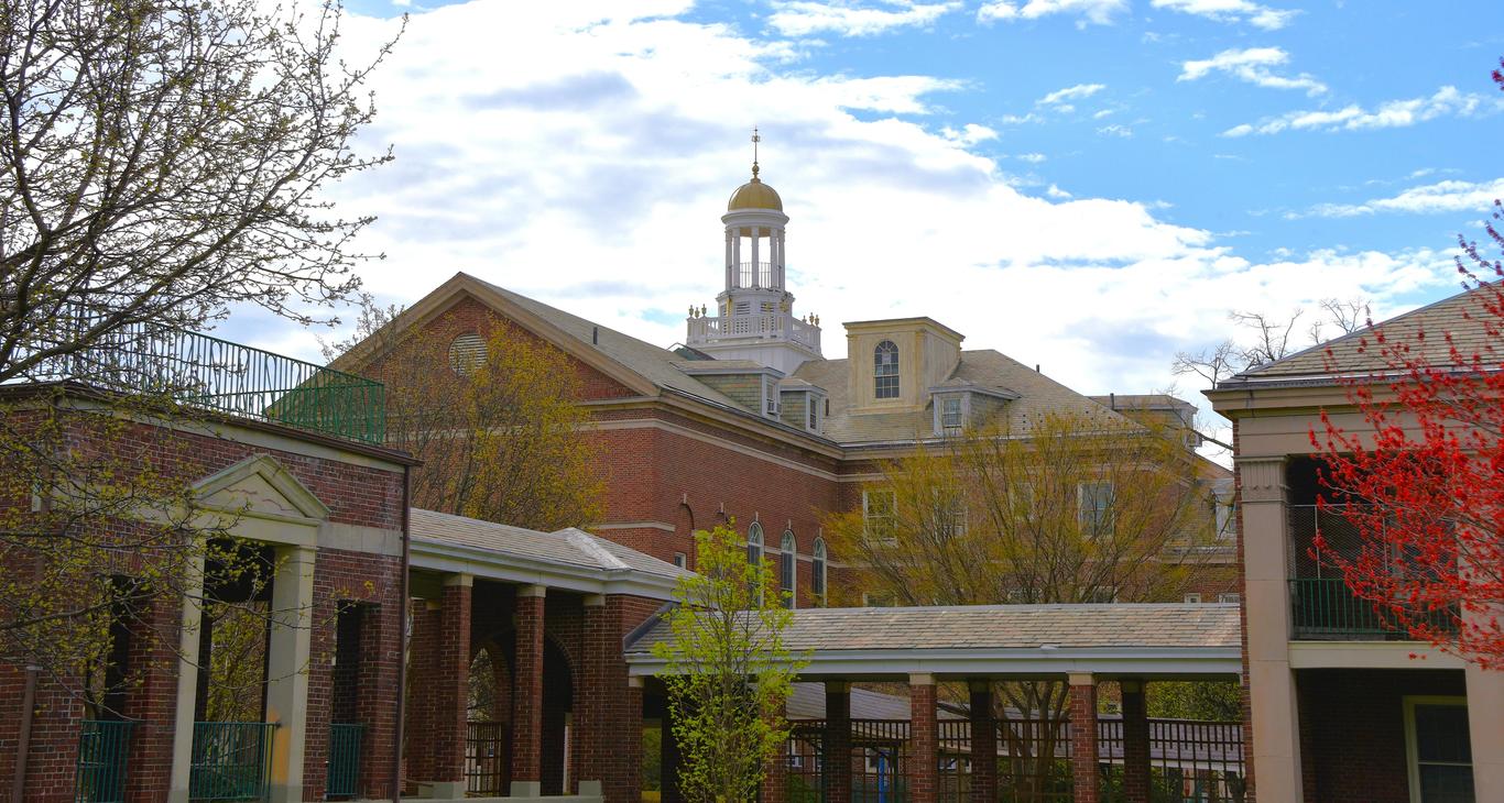 Historic buildings under a clear blue sky with a gold dome in the background.