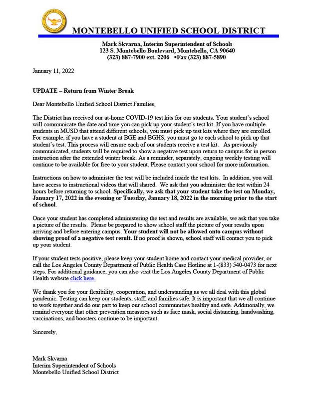 Return from winter break letter