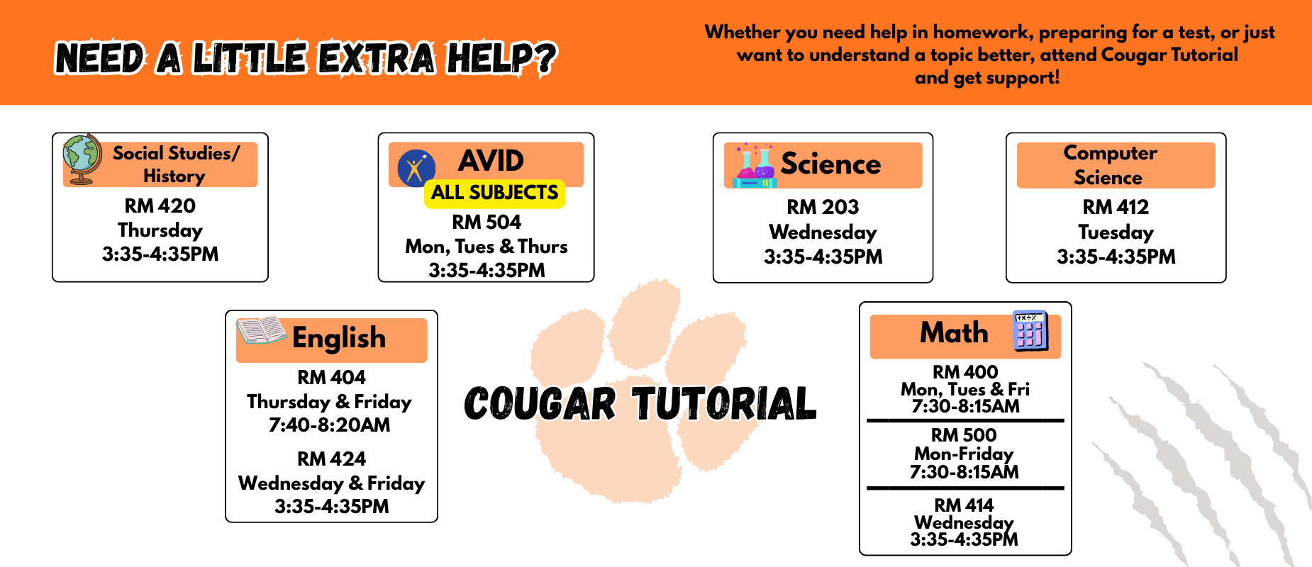 Tutor schedule for various subjects highlighted with a paw print design.