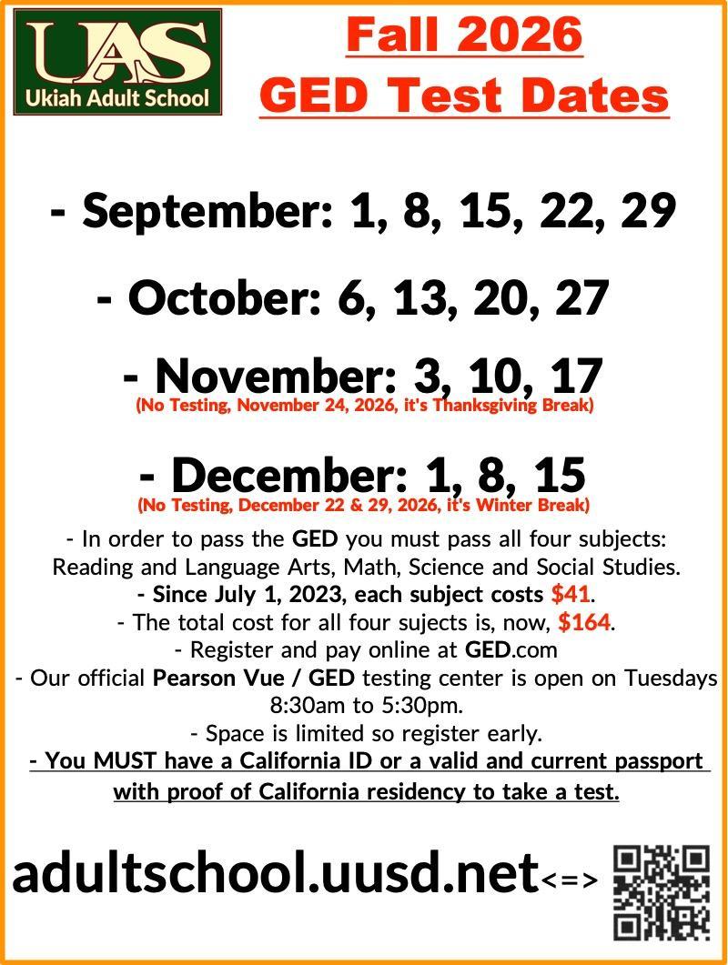 Fall 2026 GED / Pearson-Vue test dates poster.