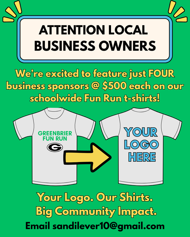 Announcement for local business sponsorship on Fun Run t-shirts.