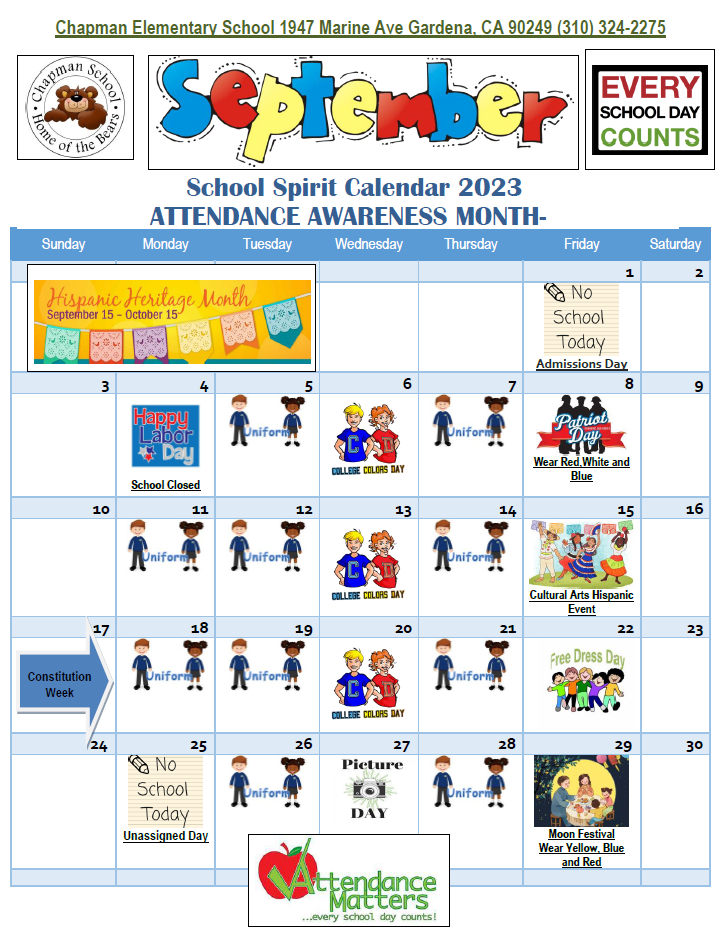 Spirit Calendar Parents Chapman Elementary