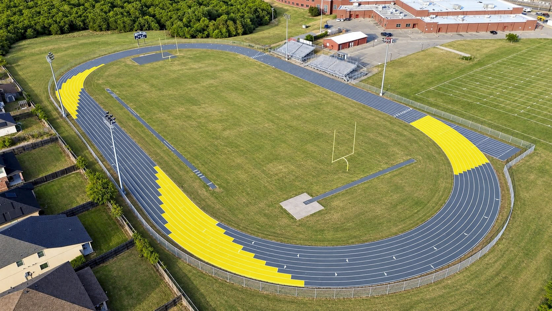 Aerial of a gray and yellow track around a grass field