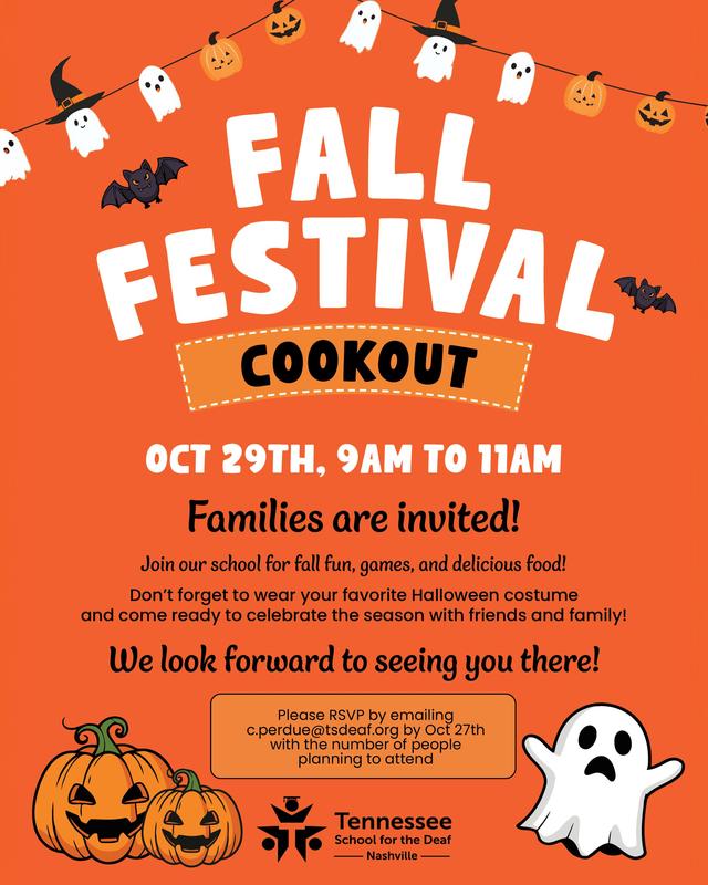 Fall festival announcement with Halloween theme and RSVP details.