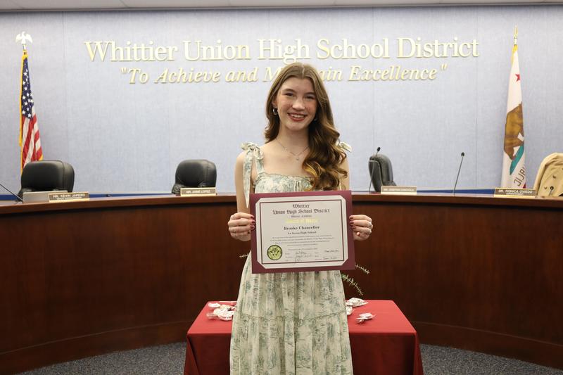 Lancer senior Brooke Chancellor was presented with an Award of Merit by the Whittier Union Board of Trustees during its January board meeting for her resilience and determination as an academic leader and role model.
