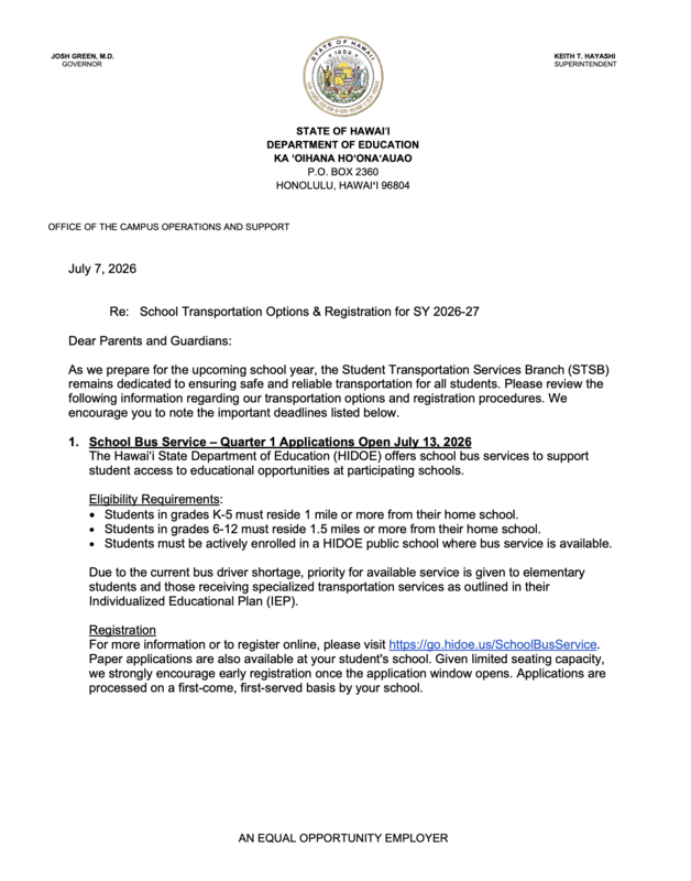 School Transportation Options and Registration for SY 2026-2027