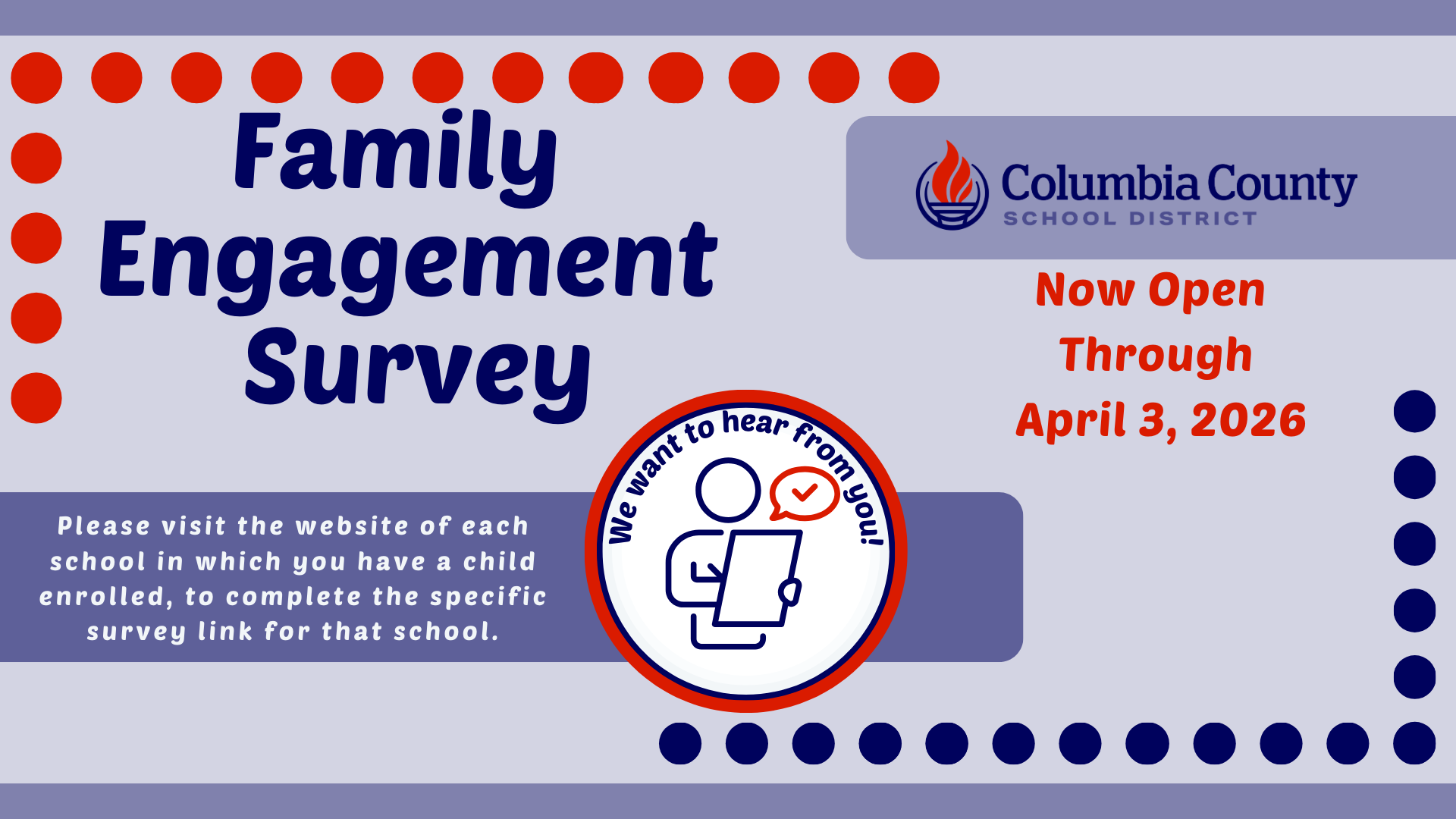Family Engagement Survey announcement with survey details and contact info.