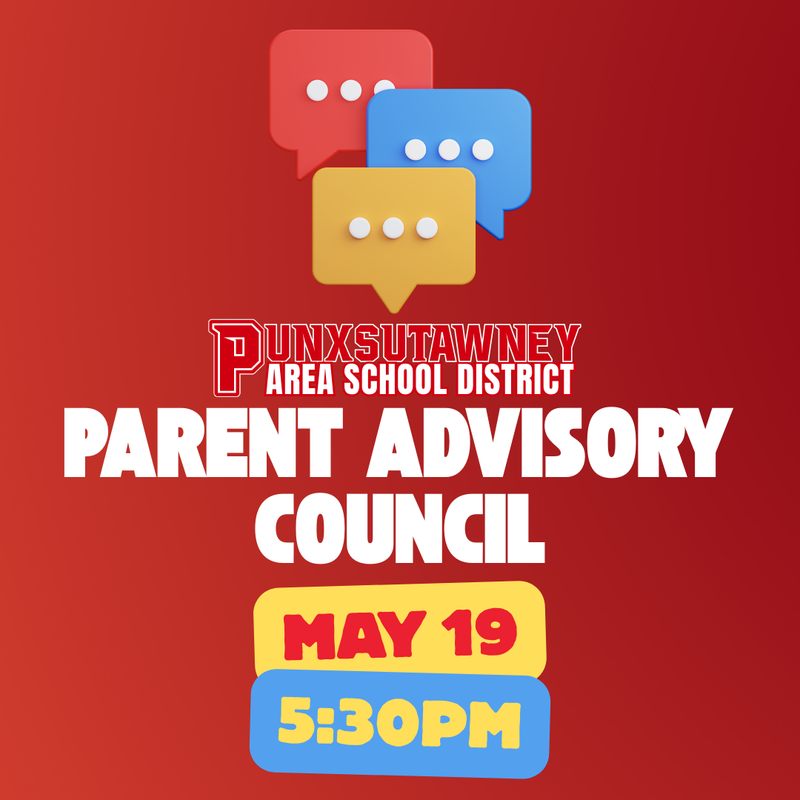 Red background with clipart of talking bubbles, PASD logo, and text stating Parent Advisory Council Meeting on May 19 at 5:30PM