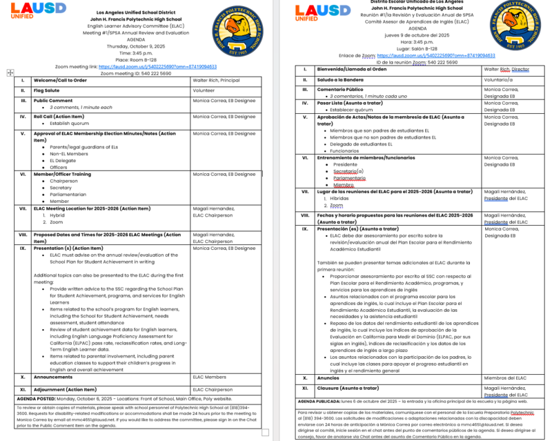 English Learner Advisory Committee (ELAC) - Thursday, October 9, 2025