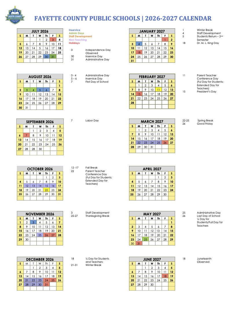 FCPS Instructional Calendar 2026-2027 – Calendars and Events – Fayette County Public Schools