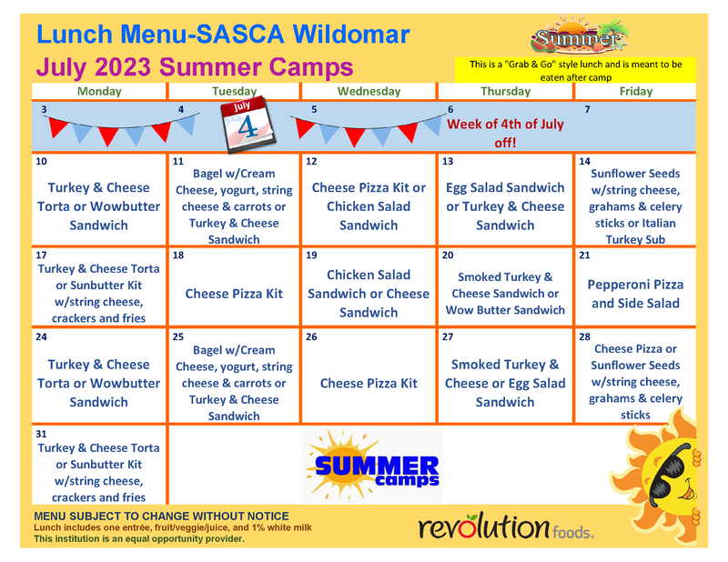 Summer Camp July Lunch Menu Sycamore Academy Wildomar Summer Camp July Lunch Menu Sycamore Academy Wildomar