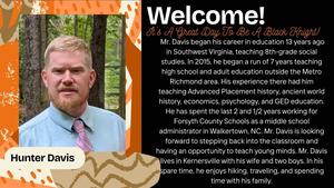 Welcome to the NDMS family, Hunter Davis! We're so excited to have you join our team and are looking forward to the passion and expertise you'll bring to our ELA and Social Studies classrooms. Our students are lucky to have you.  Let's all give a warm NDMS welcome to Mr. Davis! #NDMS #ExcellenceistheStandard