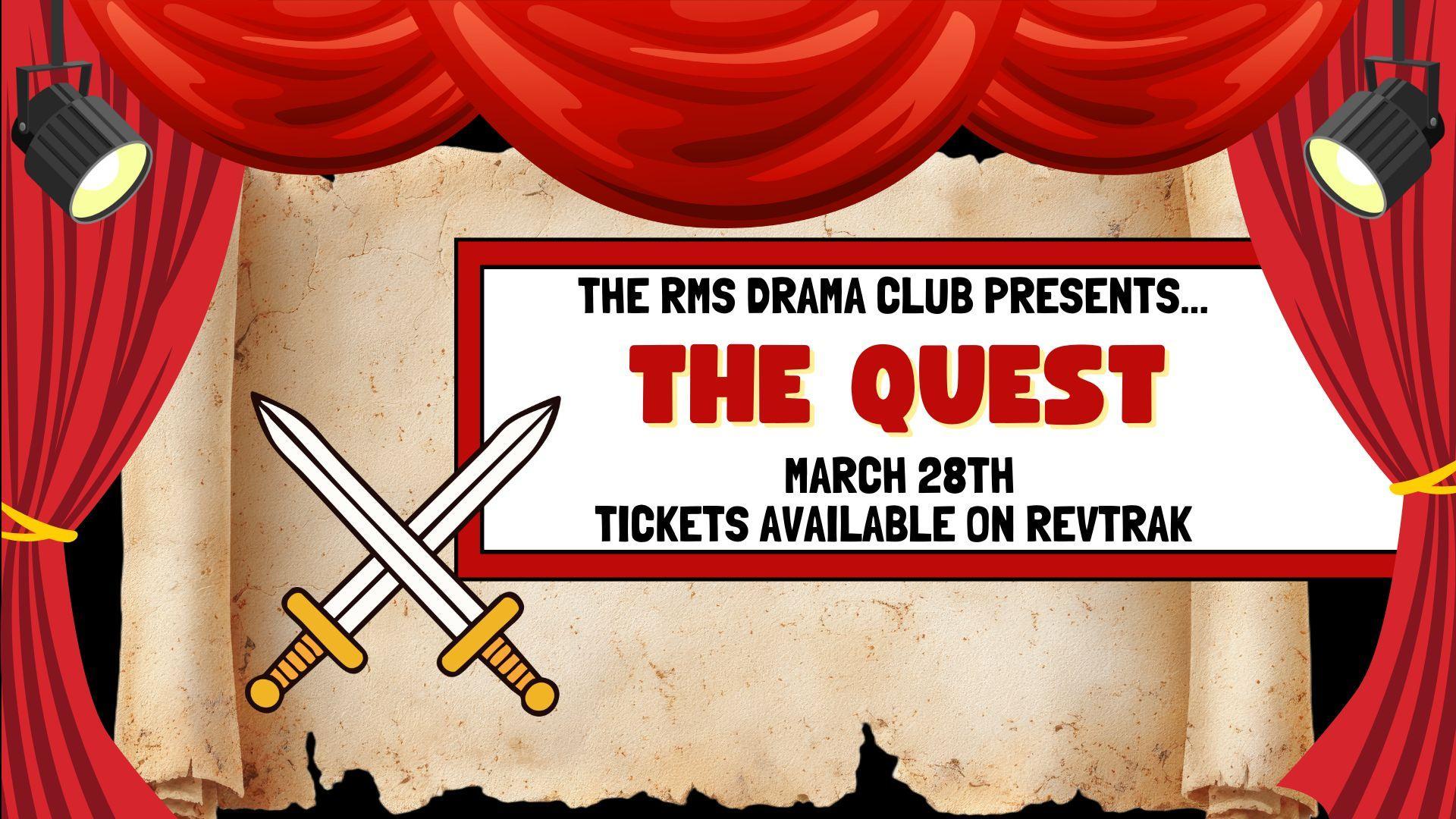 Event poster for 'The Quest' featuring two crossed swords and theater curtains.
