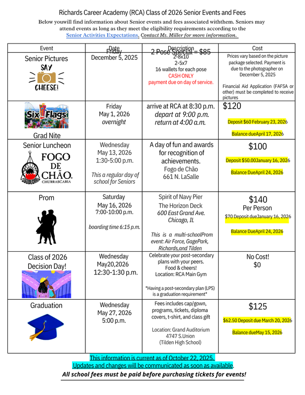 Richards Career Academy (RCA) Class of 2026 Senior Events and Fees/Richards Career Academy (RCA) Clase de 2026 Eventos y Tarifas