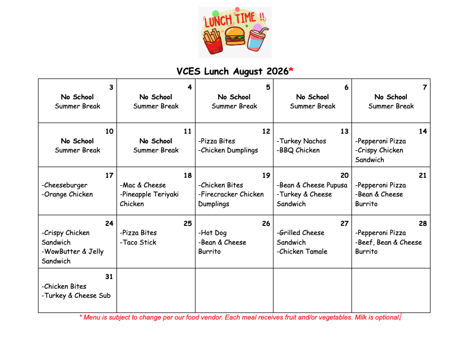 valley charter elementary school monthly lunch menu