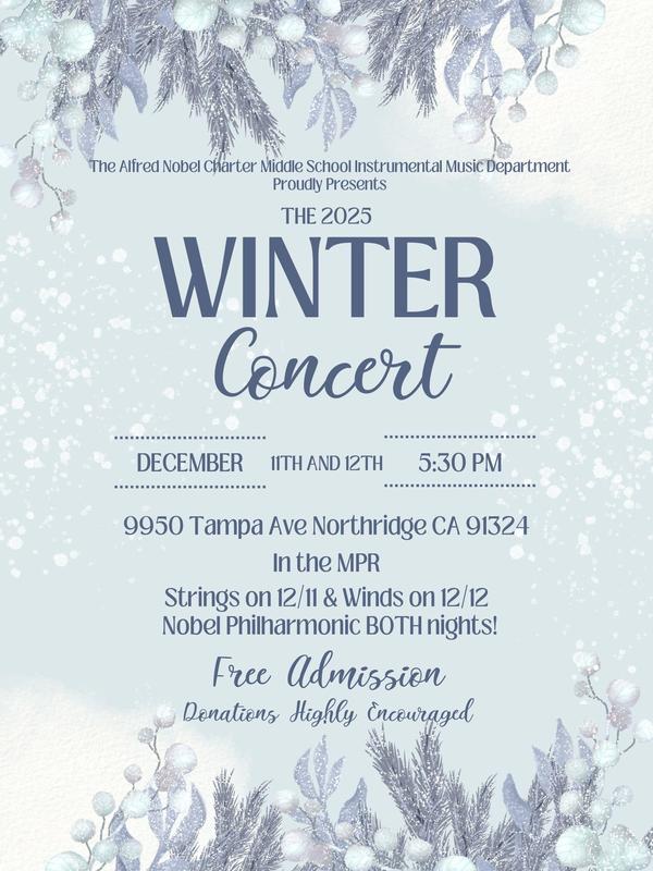 Nobel Middle School Music Department Presents The 2025 Winter Concert. Featured Photo