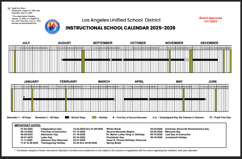 Instructional School Calendar for 2025-2026