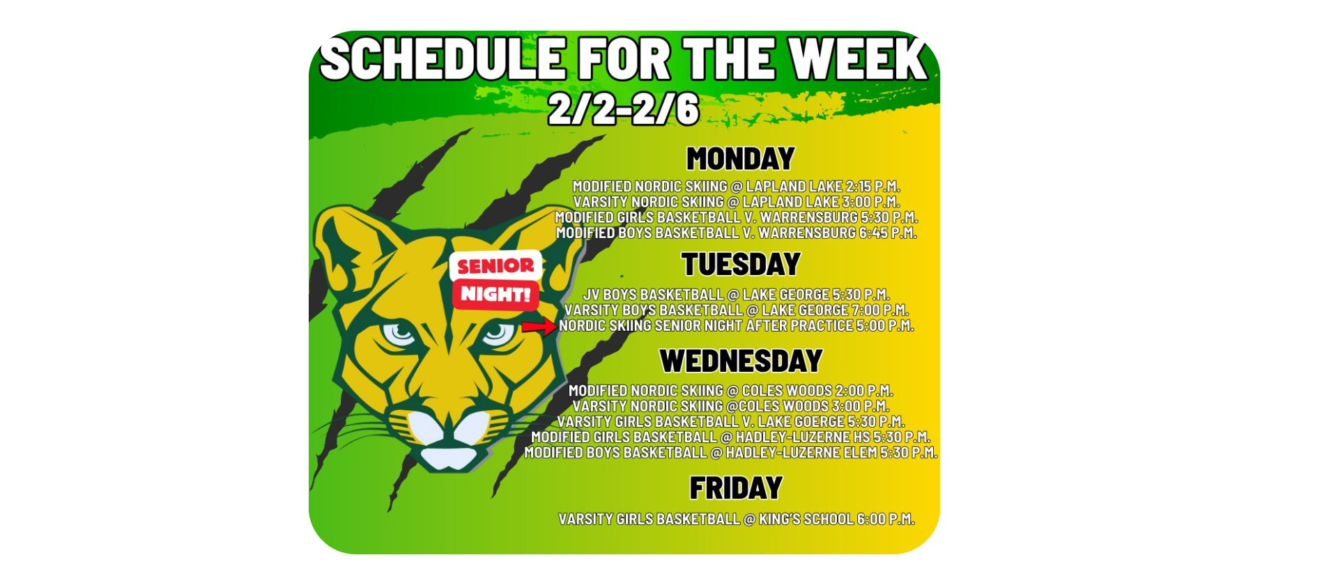 Schedule for the week @ North Warren CSD