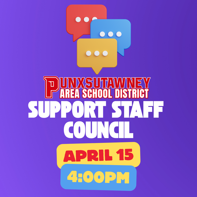 purple background with clipart of talking bubbles, PASD logo, and text stating the date and time of the meeting