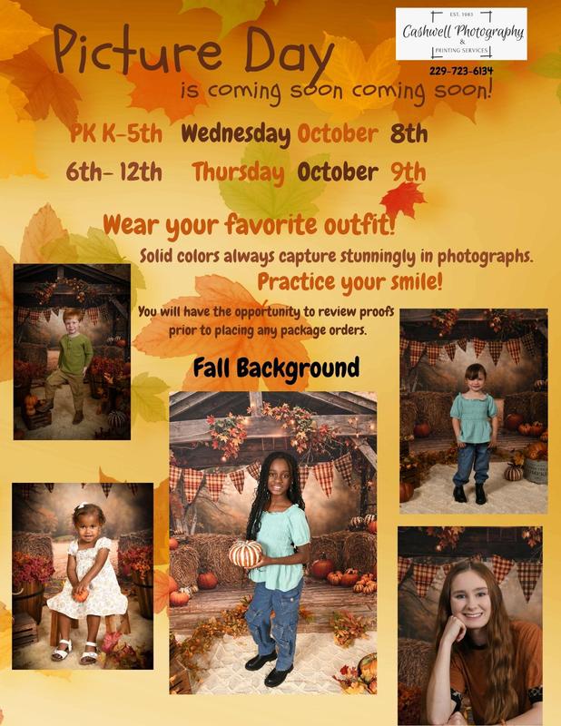 this is an orange fall looking flyer stating that picture day will be October 8th for PreK-5th graders and October 9th for middle/high school.