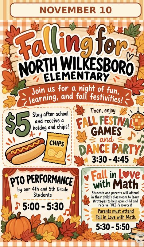 Flyer advertising a fall festival at North Wilkesboro Elementary with details and images.