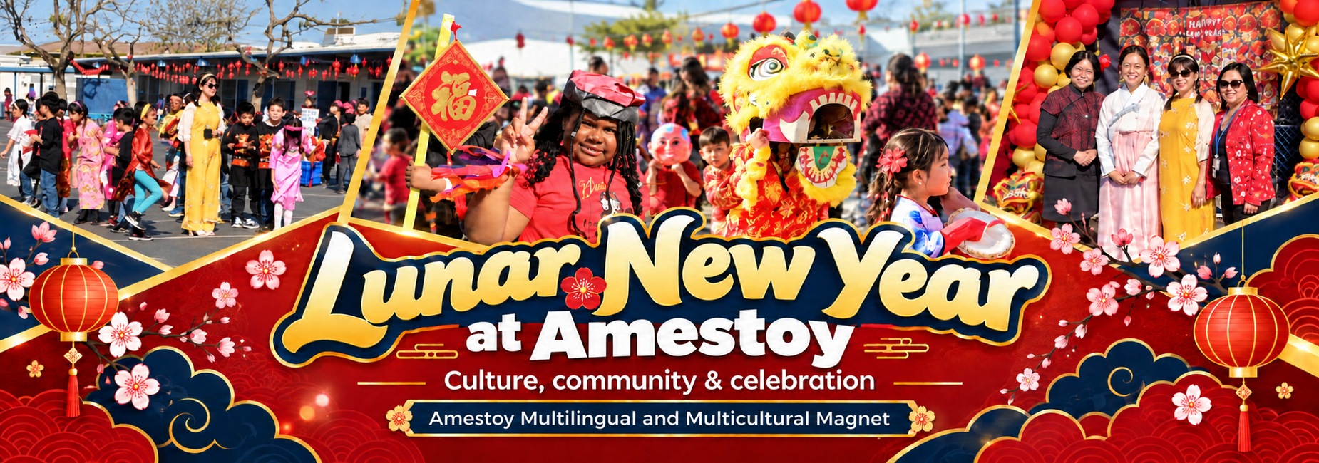 Amestoy Multilingual and Multicultural Magnet celebrates Lunar New Year with a lion dance, festive activities, and community photos.