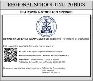 RSU 20 is currently seeking bids for Engineering- 40 Prospect St. Bus Garage more information can be found at rsu20.org