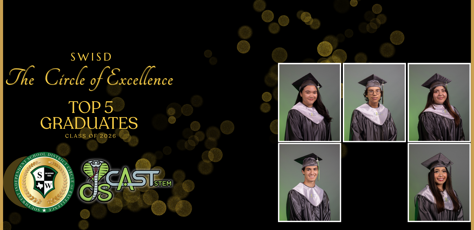 Five graduates in gray caps and gowns with golden bokeh background.