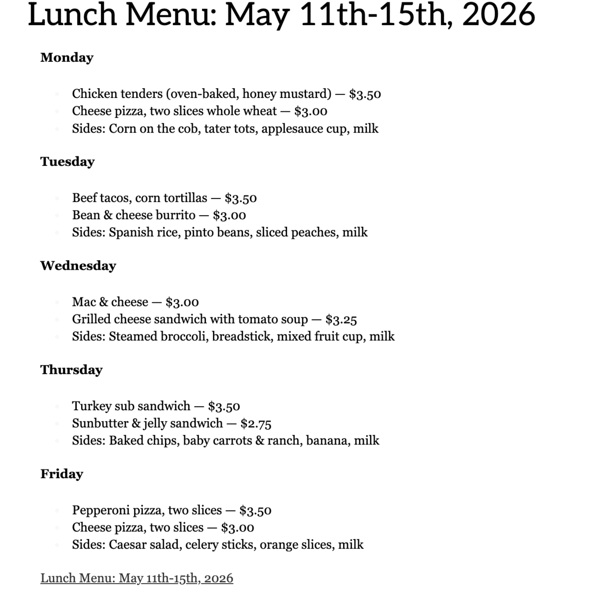 Screenshot of Edlio Page, describing the lunch menu of the week for May 11th-15th,2026
