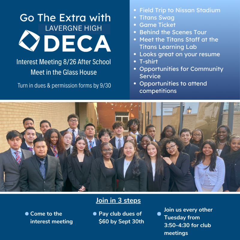 blue background, photo of LHS students from last year, DECA logo and text about meeting