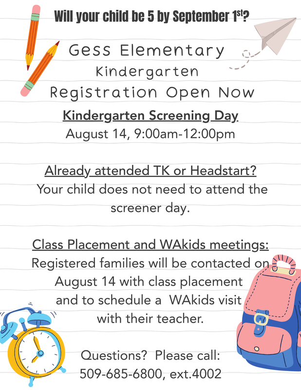 Kindergarten screening day is August 14th from 9am to 12pm at the District Office.