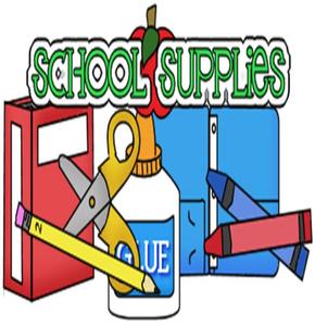 Colorful school supplies including scissors, glue, and crayons with text 'School Supplies'.