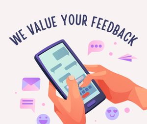 We value your feedback with illustrated hands holding a personal electronic device