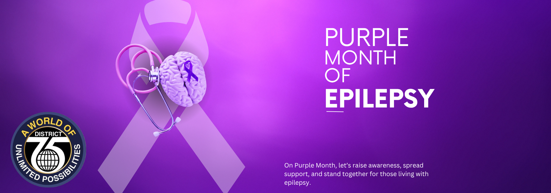 Purple Month of Epilepsy graphic featuring a brain, medical symbols, and a ribbon.