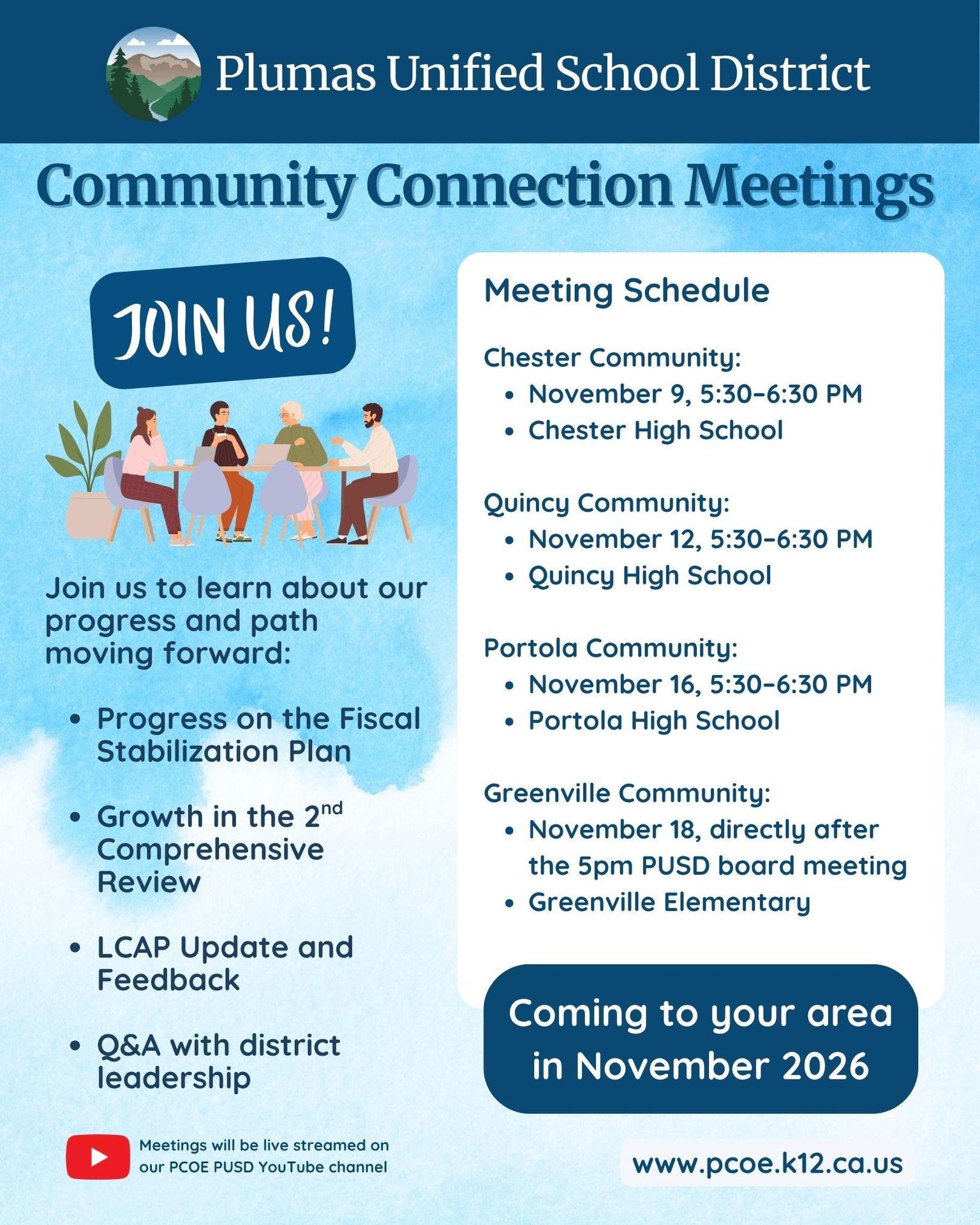 flyer for community connection meetings info in text below