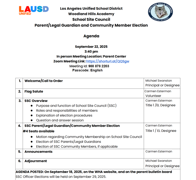 School Site Council Parent Election Agenda - 9/22/25 3:40 PM Featured Photo