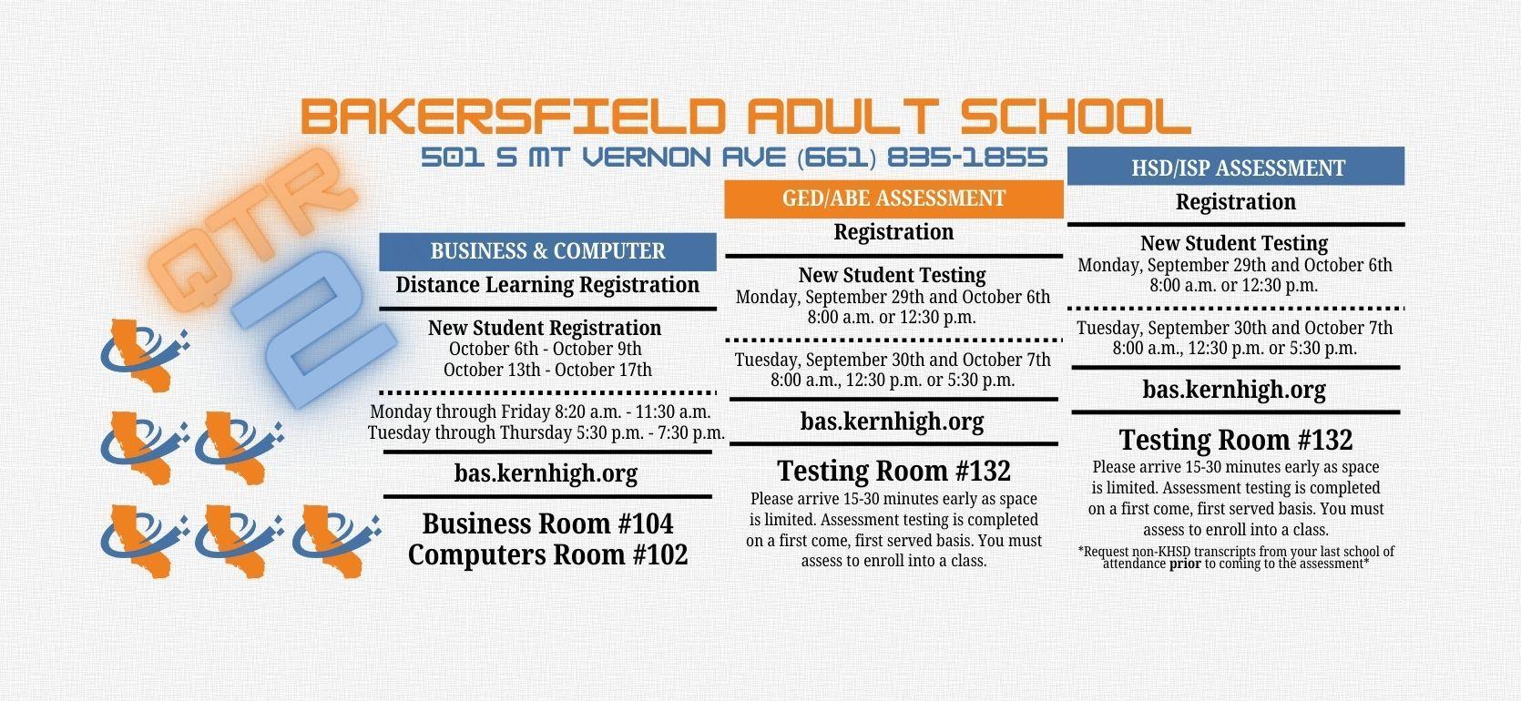 A colorful informational flyer detailing programs and registration for Bakersfield Adult School.