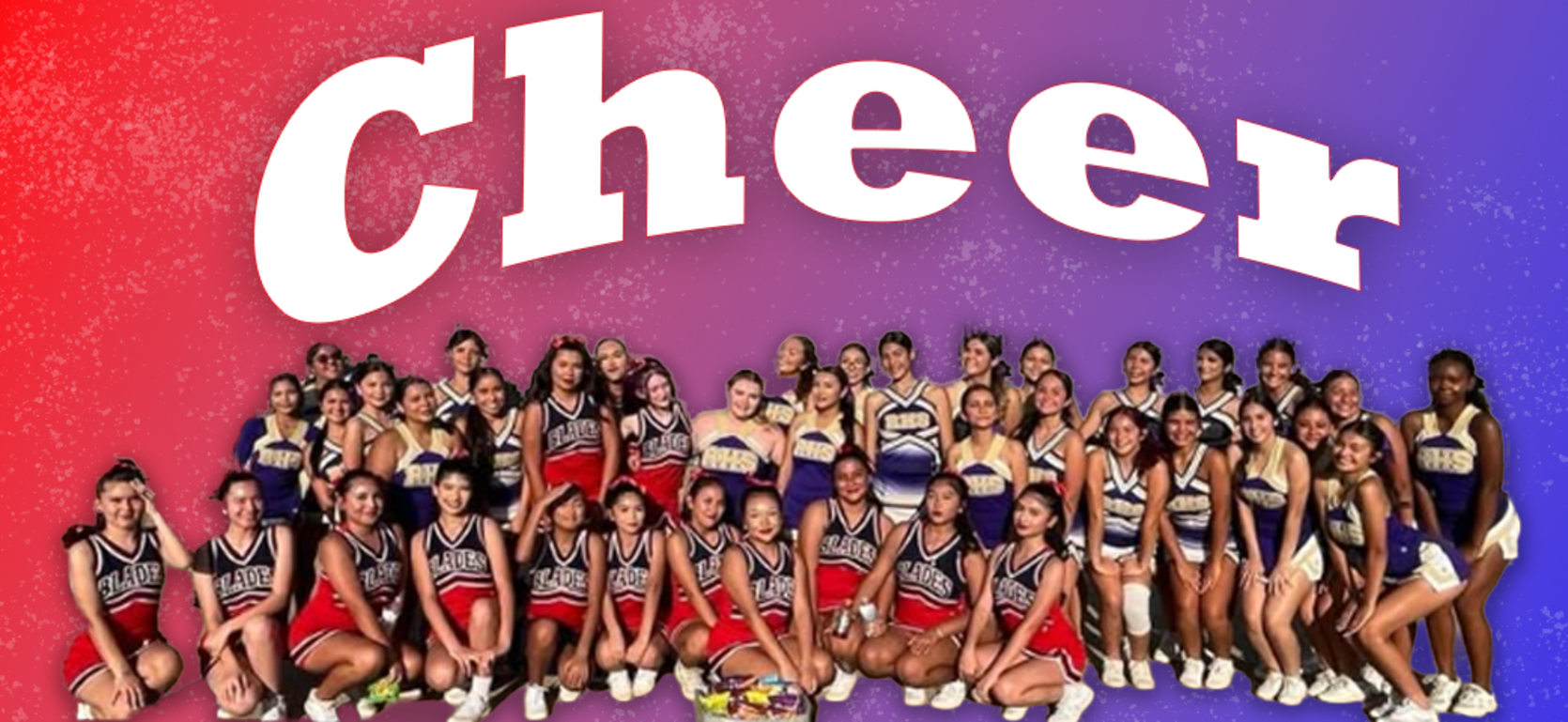 Cheerleaders posing together with large text 'Cheer' in the background.