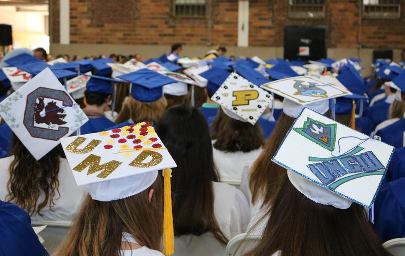 Photo of decorated graduation caps.