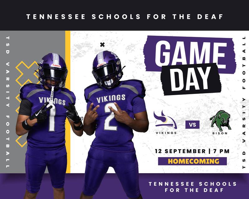 Two football players in purple uniforms pose with helmets, promoting Game Day for TSD.