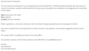 Message from Principal on School Plan