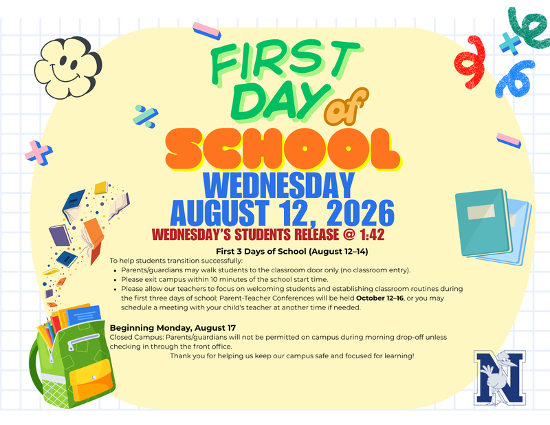 First Day of School August 12th. Early release at 1:42 PM
