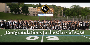 All members of the Class of 2026 are in graduation regalia and posing under the sign at the football stadium which reads "2026" Overlayed on the image is "Congratulations to the CLass of 2026"