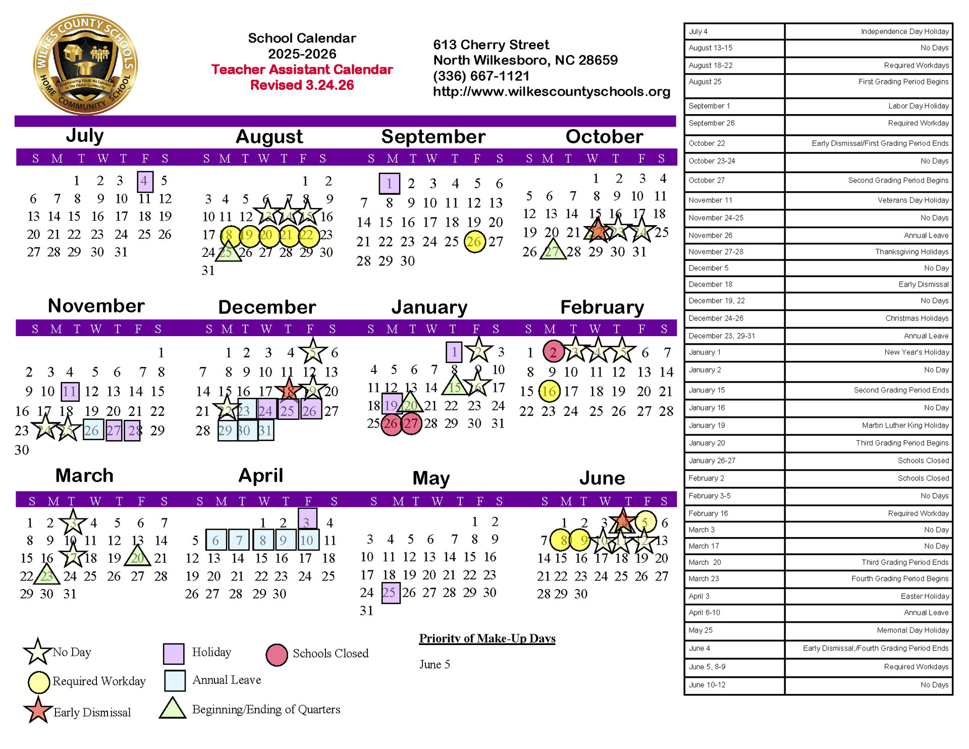 2025-2026 Teacher Assistant Calendar. Fully accessible text version is provided below.